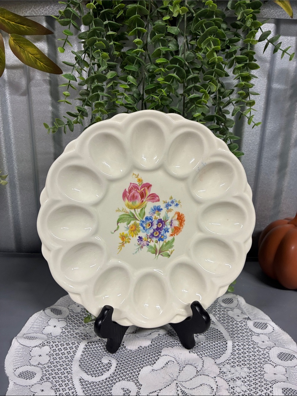 Floral Ceramic Egg Serving Plate - Cream